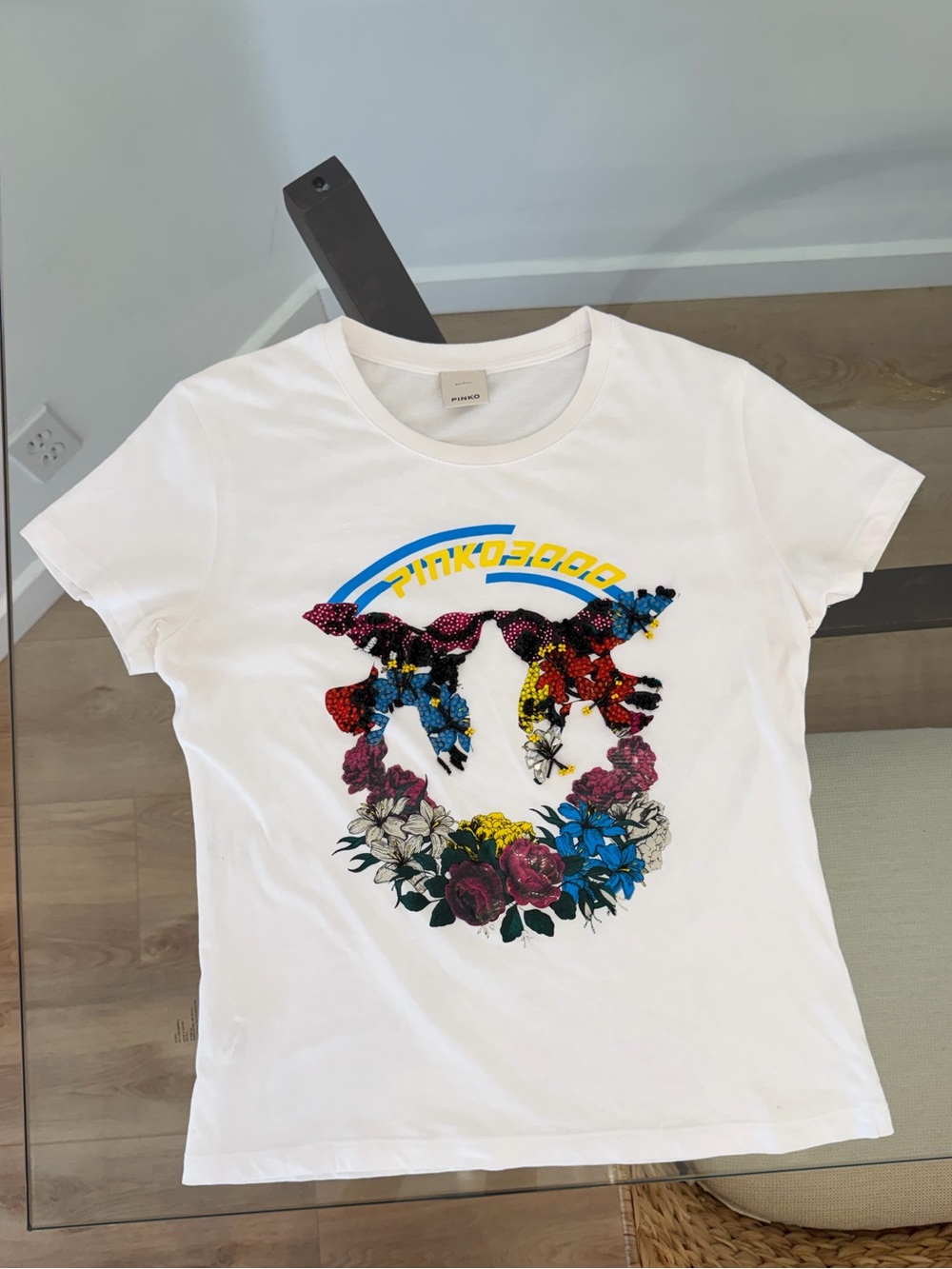 Pinko Bird Floral Appliqué Beaded Sequin Graphic Tee White Size S Made Italy
